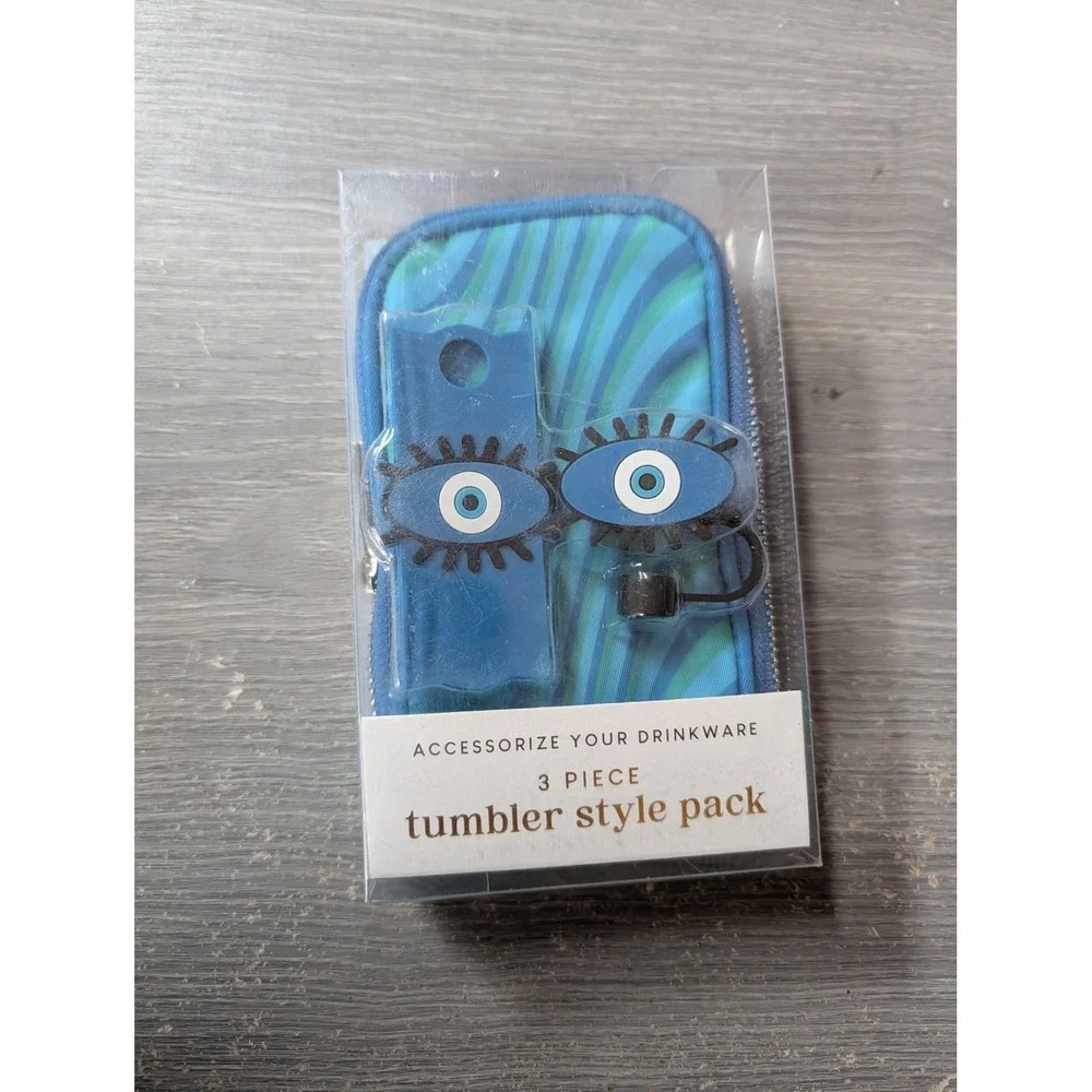 3 Piece Tumbler Style Pack Evil Eye Straw Topper Lid Tag & Cup Fanny Pack Blue